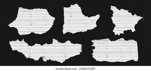 Vintage torn paper set with rip edges and crumpled effect. White sheet, scrap, and sticker with rough texture at the transparent background.