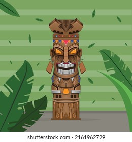 Vintage Totem Tiki Mask Wooden Voodo Colorful Concept Poster