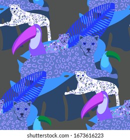 Vintage toucan parrot leopard tropical, great design for any purposes. Cartoon vector illustration. Wildlife seamless pattern. Holiday cartoon vector. Textile print design. Tropical background