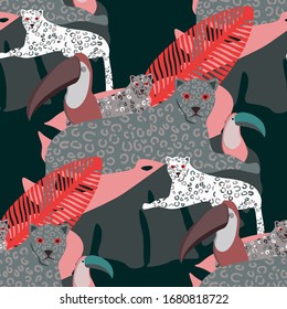 Vintage toucan parrot leopard tropical, great design for any purposes. Cartoon vector illustration. Wildlife seamless pattern. Holiday cartoon vector. Textile print design. Tropical background