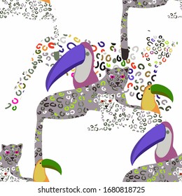 Vintage toucan parrot leopard tropical, great design for any purposes. Cartoon vector illustration. Wildlife seamless pattern. Holiday cartoon vector. Textile print design. Tropical background