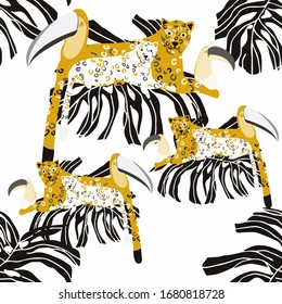 Vintage toucan parrot leopard tropical, great design for any purposes. Cartoon vector illustration. Wildlife seamless pattern. Holiday cartoon vector. Textile print design. Tropical background