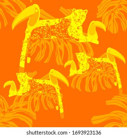 Vintage toucan parrot leopard tropical, great design for any purposes. Cartoon vector illustration. Wildlife seamless pattern. Holiday cartoon vector. Textile print design. Tropical background
