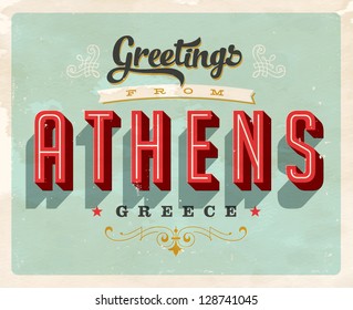 Vintage Touristic Greeting Card - Athens, Greece - Vector EPS10. Grunge effects can be easily removed for a brand new, clean sign.