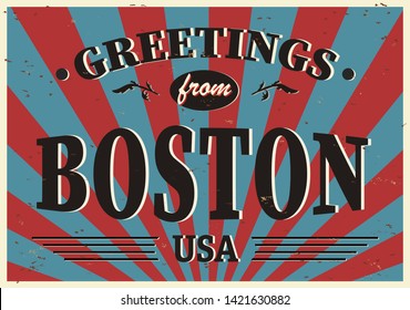 Vintage Touristic Greeting Card - Boston, Massachusetts - Vector illustration.