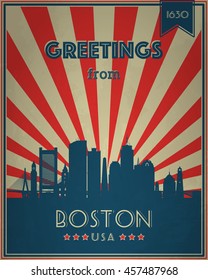 Vintage Touristic Greeting Card - Boston, Massachusetts - Vector Illustration. Grunge Effects Can Be Easily Removed For A Brand New, Clean Sign.