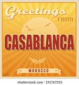 Vintage Touristic Greeting Card - Casablanca, Morocco, vector illustration