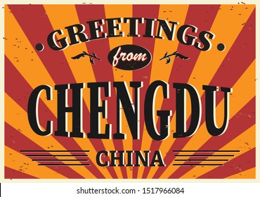 Vintage Touristic Greeting Card - Chengdu China - Vector EPS10. Grunge effects can be easily removed for a brand new, clean sign.