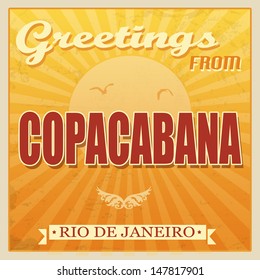 Vintage Touristic Greeting Card - Copacabana, Rio de Janeiro, vector illustration