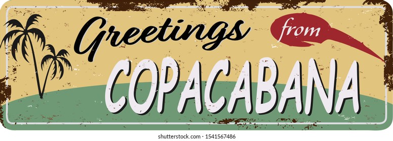 Vintage Touristic Greeting Card - Copacabana, Rio de Janeiro, vector illustration