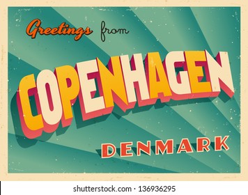 Vintage Touristic Greeting Card - Copenhagen, Denmark - Vector EPS10. Grunge effects can be easily removed for a brand new, clean sign.