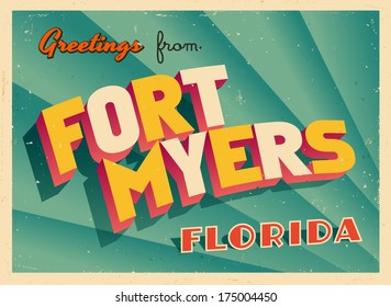 Vintage Touristic Greeting Card - Fort Myers, Florida - Vector EPS10. Grunge effects can be easily removed for a brand new, clean sign.