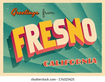 Vintage Touristic Greeting Card - Fresno, California - Vector EPS10. Grunge effects can be easily removed for a brand new, clean sign.