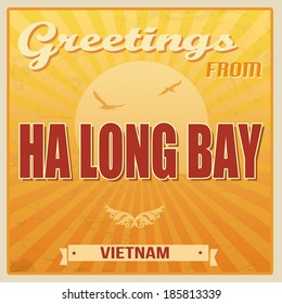 Vintage Touristic Greeting Card - Ha Long Bay, Vietnam, vector illustration