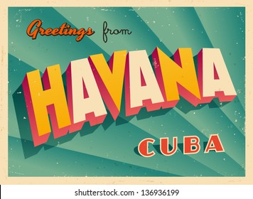 Vintage Touristic Greeting Card - Havana, Cuba - Vector EPS10. Grunge effects can be easily removed for a brand new, clean sign.