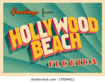 Vintage Touristic Greeting Card - Hollywood Beach, Florida - Vector EPS10. Grunge effects can be easily removed for a brand new, clean sign.