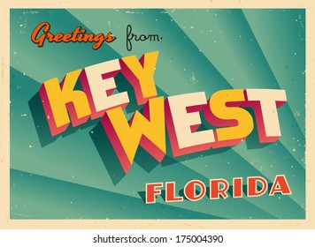 Vintage Touristic Greeting Card - Key West, Florida - Vector EPS10. Grunge effects can be easily removed for a brand new, clean sign.