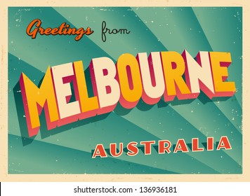 Vintage Touristic Greeting Card - Melbourne, Australia - Vector EPS10. Grunge effects can be easily removed for a brand new, clean sign.