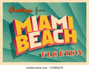 Vintage Touristic Greeting Card - Miami Beach, Florida - Vector EPS10. Grunge effects can be easily removed for a brand new, clean sign.