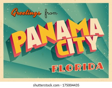 Vintage Touristic Greeting Card - Panama City, Florida - Vector EPS10. Grunge effects can be easily removed for a brand new, clean sign.