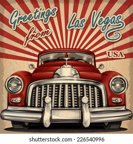 Vintage Touristic Greeting Card With Retro Car.Las Vegas.