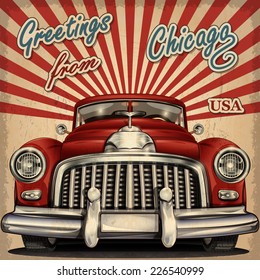 Vintage touristic greeting card with retro car.Chicago.