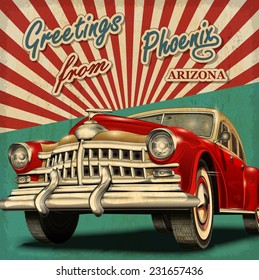 Vintage touristic greeting card with retro car.Phoenix.Arizona.