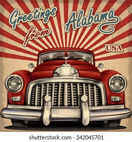 Vintage touristic greeting card with retro car.Alabama.