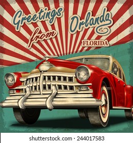 Vintage touristic greeting card with retro car.Orlando. Florida.