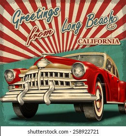 Vintage touristic greeting card with retro car.long Beach. California.