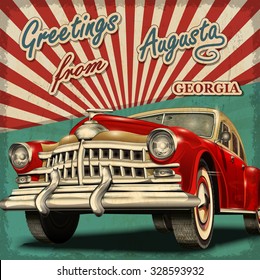 Vintage touristic greeting card with retro car.Augusta.Georgia.