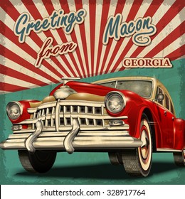 Vintage touristic greeting card with retro car.Macon.Georgia.