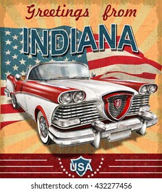 Vintage touristic greeting card with retro car.Indiana.