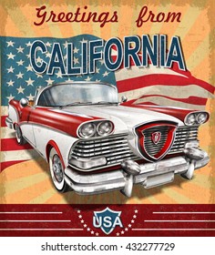 Vintage tarjeta de felicitación turística con coche retro.California.