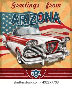 Vintage touristic greeting card with retro car.Arizona.