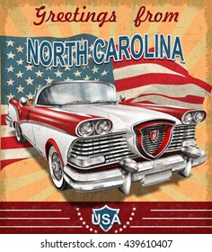 Vintage touristic greeting card with retro car.North Carolina.