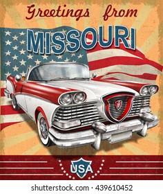 Vintage touristic greeting card with retro car.Missouri.