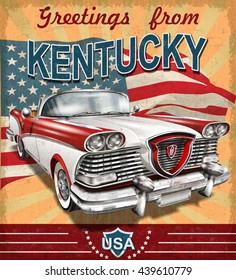 Vintage touristic greeting card with retro car.Kentucky.