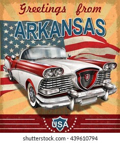 Vintage Touristic Greeting Card With Retro Car.Arkansas.