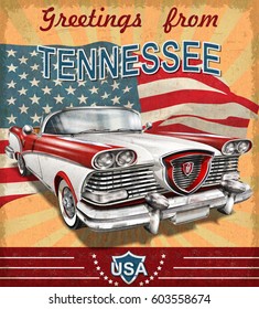 Vintage touristic greeting card with retro car.Tennessee.