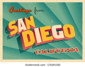 Vintage Touristic Greeting Card - San Diego, California - Vector EPS10. Grunge effects can be easily removed for a brand new, clean sign.