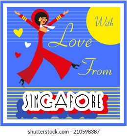 Vintage Touristic Greeting Card - Singapore  Vector sign poster emblem