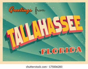 Vintage Touristic Greeting Card - Tallahassee, Florida - Vector EPS10. Grunge effects can be easily removed for a brand new, clean sign.