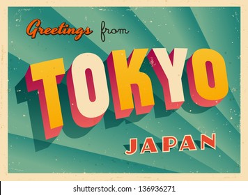 Vintage Touristic Greeting Card - Tokyo, Japan - Vector EPS10. Grunge effects can be easily removed for a brand new, clean sign.