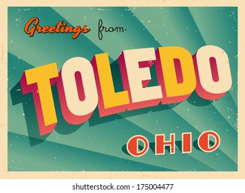 Vintage Touristic Greeting Card - Toledo, Ohio - Vector EPS10. Grunge effects can be easily removed for a brand new, clean sign.