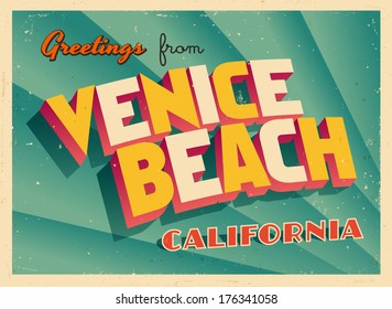 Vintage Touristic Greeting Card - Venice Beach, California - Vector EPS10. Grunge effects can be easily removed for a brand new, clean sign.