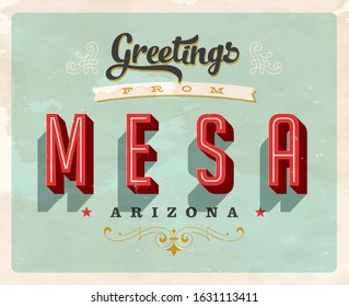 Vintage Touristic Greeting Postcard. Mesa, Arizona - Vector EPS10. Grunge effects can be easily removed for a clean, brand new sign.