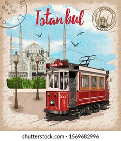 Vintage touristic postcard. Istanbul,Turkey.Retro poster with retro tram and Blue Mosque.
