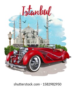 Vintage touristic postcard. Istanbul,Turkey.Retro poster with retro car and Blue Mosque.