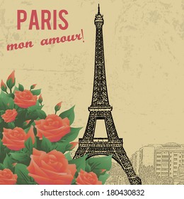 Vintage touristic poster background -  Paris my love ( mon amour), vector illustration